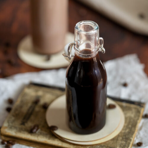 Irish cream coffee syrup in a bottle.